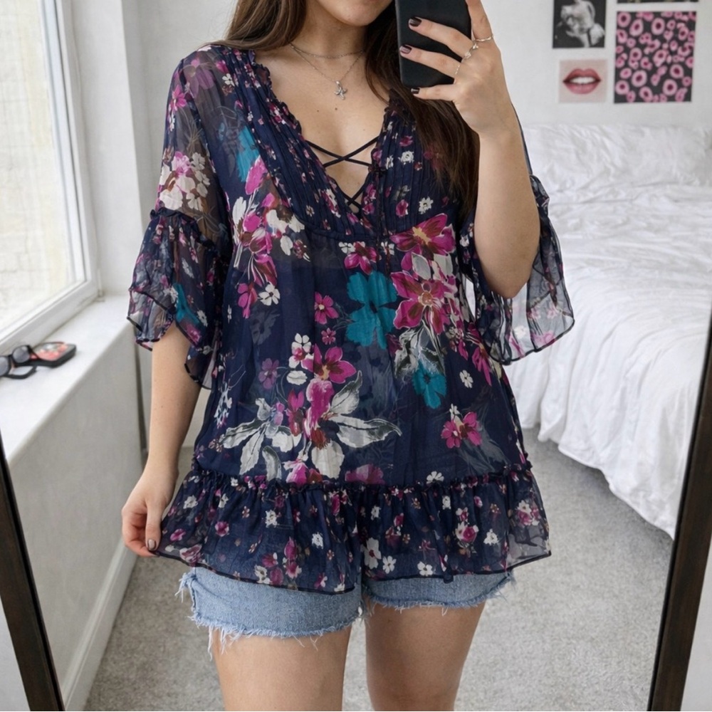 MNG Mango 100% Silk Floral Boho Peasant Blouse Sheer Ruffle Tunic Top Women M